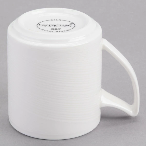 Syracuse China 987659387 Silk 12.25 Oz. Royal Rideau White Porcelain Stacking Mug - 36/Case 5 Syracuse China 987659387 Silk 12.25 Oz. Royal Rideau White Porcelain Stacking Mug - 36/Case - Image 5