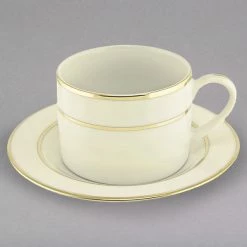 10 Strawberry Street CGLD0009 6 Oz. Cream Double Gold Line Porcelain Can Cup With Saucer - 24/Case