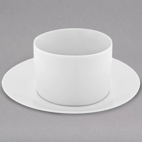 10 Strawberry Street RW0009NOHANDLESAUCER Royal White 8 Oz. Porcelain Round Can Cup With Saucer - 24/Case 1 10 Strawberry Street RW0009NOHANDLESAUCER Royal White 8 Oz. Porcelain Round Can Cup With Saucer - 24/Case