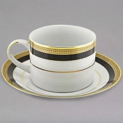 10 Strawberry Street SAH-9BK Sahara 8 Oz. Black And Gold Porcelain Can Cup With Saucer - 24/Case