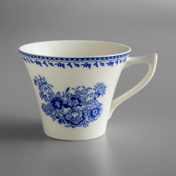 Oneida Lancaster Garden By 1880 Hospitality L6703061520 6 Oz. Blue Porcelain Tea Cup - 48/Case 1 Oneida Lancaster Garden By 1880 Hospitality L6703061520 6 Oz. Blue Porcelain Tea Cup - 48/Case