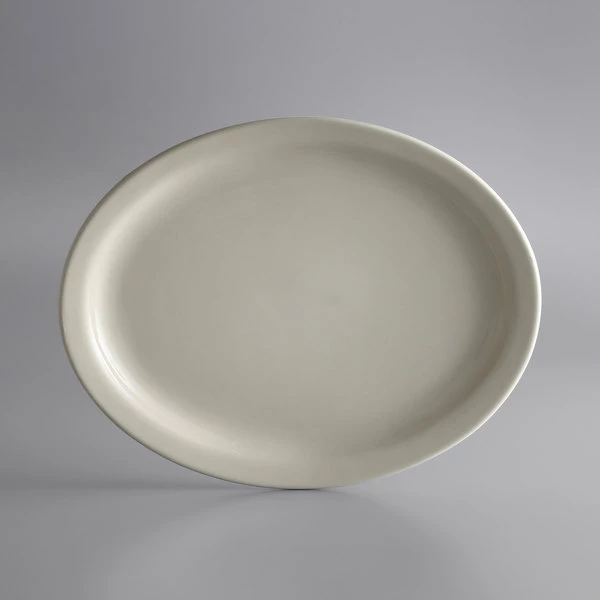 World Tableware NR-14 Kingsmen White 13" X 10 1/4" Ultima Cream White Narrow Rim Oval Stoneware Platter - 12/Case 1 World Tableware NR-14 Kingsmen White 13" X 10 1/4" Ultima Cream White Narrow Rim Oval Stoneware Platter - 12/Case