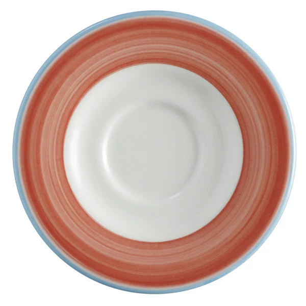 Corona By GET Enterprises PA1602900324 Calypso 6 1/2" Bright White Porcelain Rolled Edge Saucer With Coral And Blue Rim - 24/Case 1 Corona By GET Enterprises PA1602900324 Calypso 6 1/2" Bright White Porcelain Rolled Edge Saucer With Coral And Blue Rim - 24/Case
