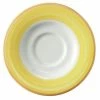 Corona By GET Enterprises PA1600900324 Calypso 6 1/2" Bright White Porcelain Rolled Edge Saucer With Yellow And Coral Rim - 24/Case