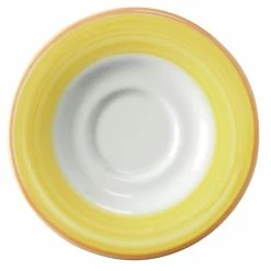 Corona By GET Enterprises PA1600900324 Calypso 6 1/2" Bright White Porcelain Rolled Edge Saucer With Yellow And Coral Rim - 24/Case