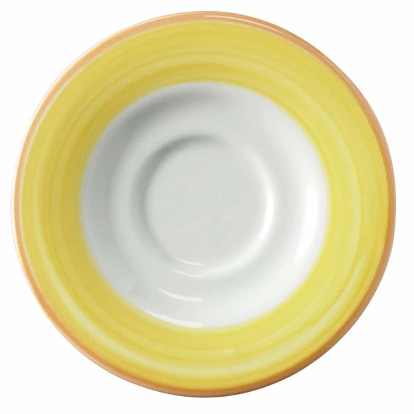 Corona By GET Enterprises PA1600900324 Calypso 6 1/2" Bright White Porcelain Rolled Edge Saucer With Yellow And Coral Rim - 24/Case 1 Corona By GET Enterprises PA1600900324 Calypso 6 1/2" Bright White Porcelain Rolled Edge Saucer With Yellow And Coral Rim - 24/Case
