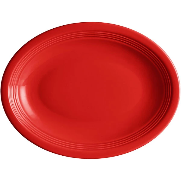 Acopa Capri 11 1/2" X 8 3/4" Passion Fruit Red Oval Stoneware Coupe Platter - 12/Case 2 Acopa Capri 11 1/2" X 8 3/4" Passion Fruit Red Oval Stoneware Coupe Platter - 12/Case - Image 2