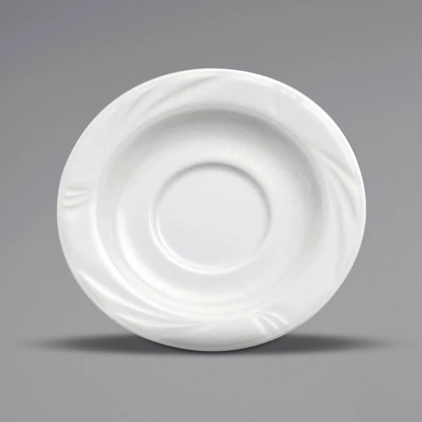 Oneida Buffalo Arcadia By 1880 Hospitality R4510000501 5 5/8" Bright White Embossed Medium Rim Porcelain Saucer - 36/Case 1 Oneida Buffalo Arcadia By 1880 Hospitality R4510000501 5 5/8" Bright White Embossed Medium Rim Porcelain Saucer - 36/Case