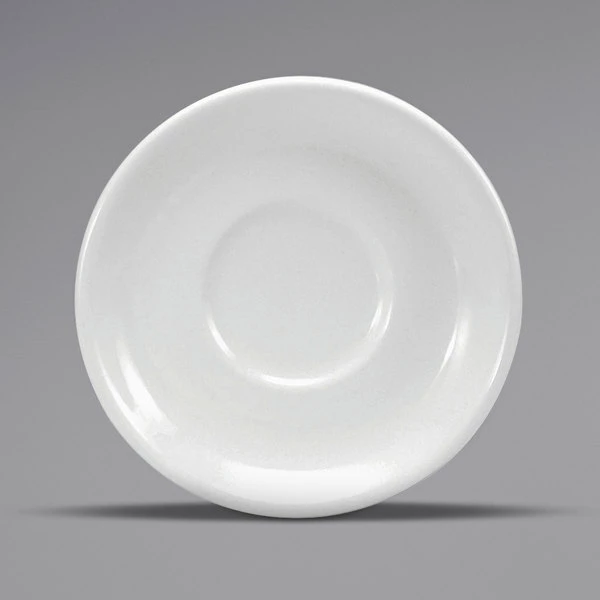 Oneida Buffalo Bright White Ware By 1880 Hospitality F8010000502 6 1/8" Rolled Edge Porcelain Saucer - 36/Case 1 Oneida Buffalo Bright White Ware By 1880 Hospitality F8010000502 6 1/8" Rolled Edge Porcelain Saucer - 36/Case
