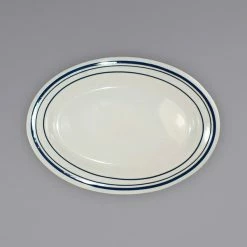 International Tableware CT-12 Catania 10 3/8" X 7 1/4" Ivory (American White) Stoneware Platter With Blue Bands - 24/Case