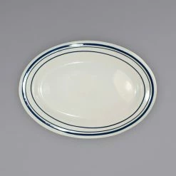 International Tableware CT-19 Catania 15 1/2" X 10 1/2" Ivory (American White) Stoneware Platter With Blue Bands - 12/Case