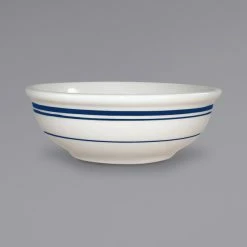 International Tableware CT-18 Catania 18 Oz. Ivory (American White) Stoneware Nappie / Oatmeal Bowl With Blue Bands - 36/Case