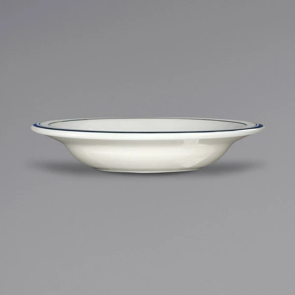 International Tableware CT-3 Catania 12 Oz. Ivory (American White) Stoneware Deep Rim Soup Bowl With Blue Bands - 24/Case 1 International Tableware CT-3 Catania 12 Oz. Ivory (American White) Stoneware Deep Rim Soup Bowl With Blue Bands - 24/Case