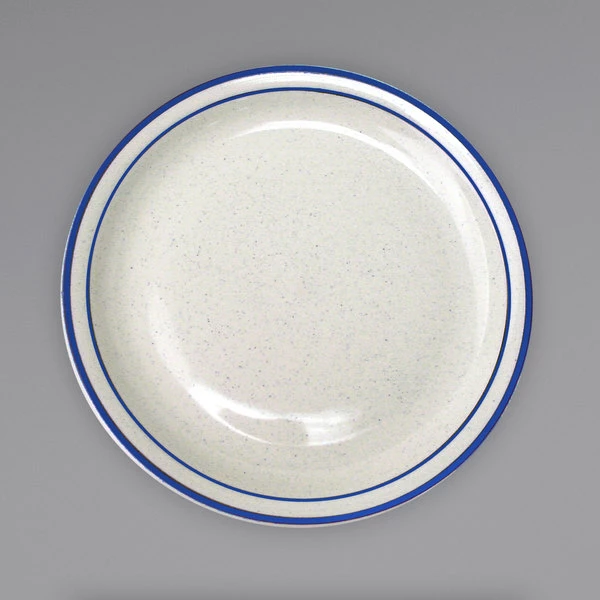 International Tableware DA-6 Danube 6 1/2" Ivory (American White) Blue Speckled Narrow Rim Stoneware Plate With Blue Bands - 36/Case 1 International Tableware DA-6 Danube 6 1/2" Ivory (American White) Blue Speckled Narrow Rim Stoneware Plate With Blue Bands - 36/Case