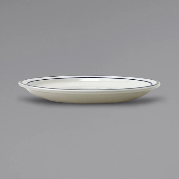 International Tableware DA-6 Danube 6 1/2" Ivory (American White) Blue Speckled Narrow Rim Stoneware Plate With Blue Bands - 36/Case 2 International Tableware DA-6 Danube 6 1/2" Ivory (American White) Blue Speckled Narrow Rim Stoneware Plate With Blue Bands - 36/Case - Image 2