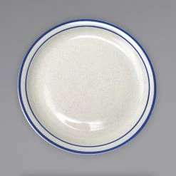 International Tableware DA-16 Danube 10 1/2" Ivory (American White) Blue Speckled Narrow Rim Stoneware Plate With Blue Bands - 12/Case