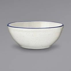 International Tableware DA-15 Danube 13 Oz. Ivory (American White) Blue Speckled Stoneware Nappie / Oatmeal Bowl With Blue Bands - 36/Case