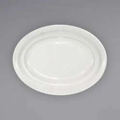 International Tableware AT-14 Athena 11 7/8" X 9 1/4" Ivory (American White) Wide Rim Rolled Edge Embossed Stoneware Platter - 12/Case
