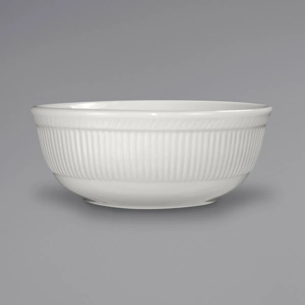 International Tableware AT-15 Athena 18 Oz. Ivory (American White) Embossed Stoneware Nappie / Oatmeal Bowl - 36/Case 1 International Tableware AT-15 Athena 18 Oz. Ivory (American White) Embossed Stoneware Nappie / Oatmeal Bowl - 36/Case
