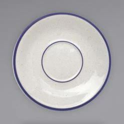 International Tableware DA-2 Danube 5 1/2" Ivory (American White) Blue Speckled Stoneware Saucer With Blue Bands - 36/Case
