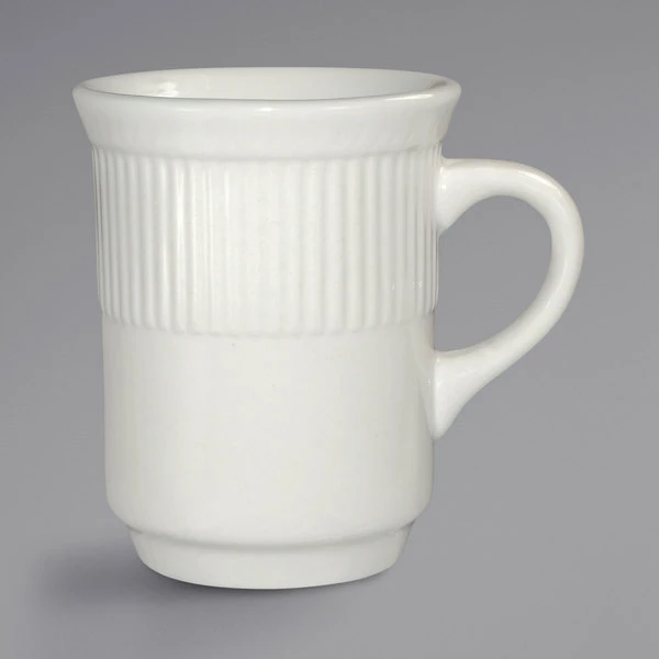 International Tableware AT-17 Athena 8.5 Oz. Ivory (American White) Embossed Stoneware Toledo Mug - 36/Case 1 International Tableware AT-17 Athena 8.5 Oz. Ivory (American White) Embossed Stoneware Toledo Mug - 36/Case