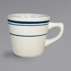 International Tableware CT-1 Catania 7 Oz. Ivory (American White) Stoneware Tall Cup With Blue Bands - 36/Case