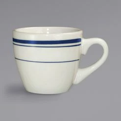 International Tableware CT-35 Catania 3.5 Oz. Ivory (American White) Stoneware A.D. Espresso Cup With Blue Bands - 36/Case