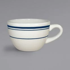 International Tableware CT-37 Catania 7 Oz. Ivory (American White) Stoneware Low Cup With Blue Bands - 36/Case