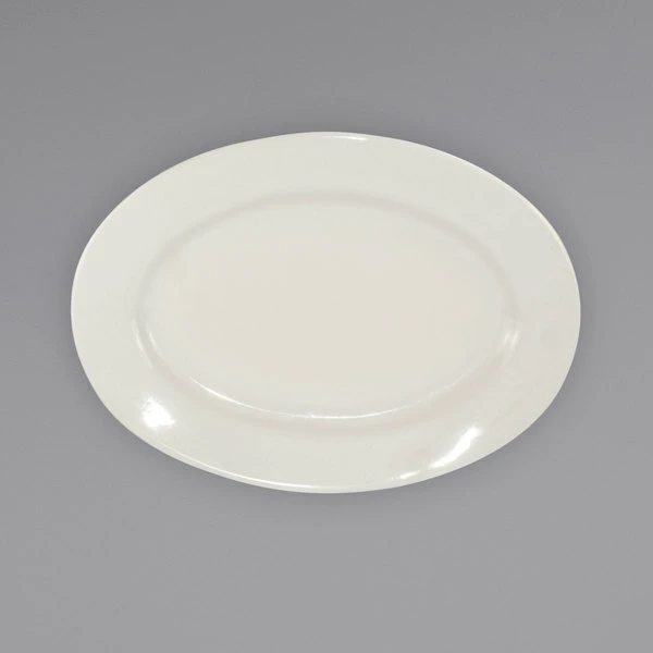 International Tableware RO-12 Roma 10 3/8" X 7 1/4" Ivory (American White) Wide Rim Rolled Edge Stoneware Platter - 24/Case 1 International Tableware RO-12 Roma 10 3/8" X 7 1/4" Ivory (American White) Wide Rim Rolled Edge Stoneware Platter - 24/Case