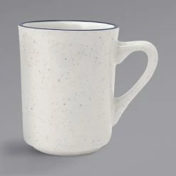 International Tableware DA-17 Danube 8.5 Oz. Ivory (American White) Blue Speckled Stoneware Toledo Cup With Blue Bands - 36/Case