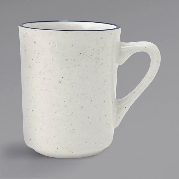 International Tableware DA-17 Danube 8.5 Oz. Ivory (American White) Blue Speckled Stoneware Toledo Cup With Blue Bands - 36/Case 1 International Tableware DA-17 Danube 8.5 Oz. Ivory (American White) Blue Speckled Stoneware Toledo Cup With Blue Bands - 36/Case