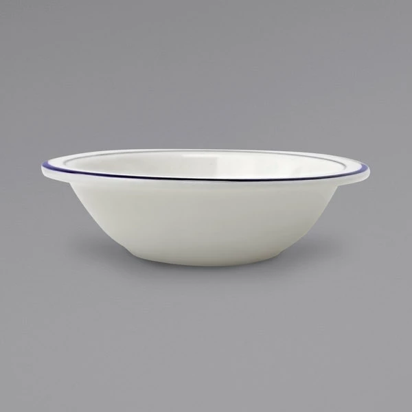 International Tableware DA-11 Danube 5 Oz. Ivory (American White) Blue Speckled Stoneware Fruit Bowl With Blue Bands - 36/Case 1 International Tableware DA-11 Danube 5 Oz. Ivory (American White) Blue Speckled Stoneware Fruit Bowl With Blue Bands - 36/Case