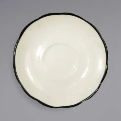 International Tableware SY-2 Sydney 5 3/4" Ivory (American White) Scalloped Edge Stoneware Saucer With Black Rim - 36/Case