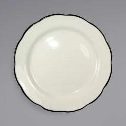 International Tableware SY-5 Sydney 5 1/2" Ivory (American White) Scalloped Edge Stoneware Plate With Black Rim - 36/Case