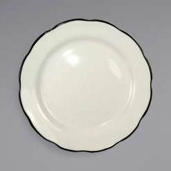International Tableware SY-9 Sydney 9 7/8" Ivory (American White) Scalloped Edge Stoneware Plate With Black Rim - 24/Case
