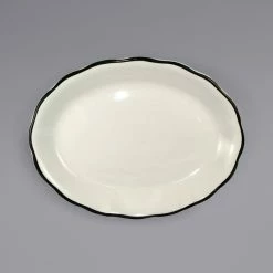 International Tableware SY-12 Sydney 9 7/8" X 7 1/4" Ivory (American White) Scalloped Edge Stoneware Platter With Black Rim - 24/Case