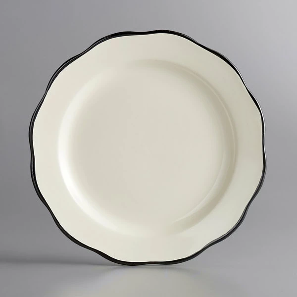 Acopa 7 3/8" Ivory (American White) Scalloped Edge Stoneware Plate With Black Band - 36/Case 2 Acopa 7 3/8" Ivory (American White) Scalloped Edge Stoneware Plate With Black Band - 36/Case - Image 2