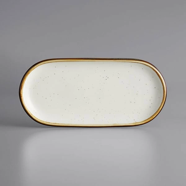 Acopa Keystone 12 1/2" X 6" Vanilla Bean Stoneware Oblong Coupe Platter - 12/Case 2 Acopa Keystone 12 1/2" X 6" Vanilla Bean Stoneware Oblong Coupe Platter - 12/Case - Image 2