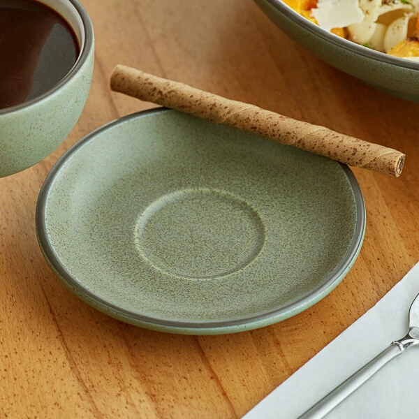 Acopa Embers 5 1/2" Moss Green Matte Stoneware Saucer - 24/Case 1 Acopa Embers 5 1/2" Moss Green Matte Stoneware Saucer - 24/Case