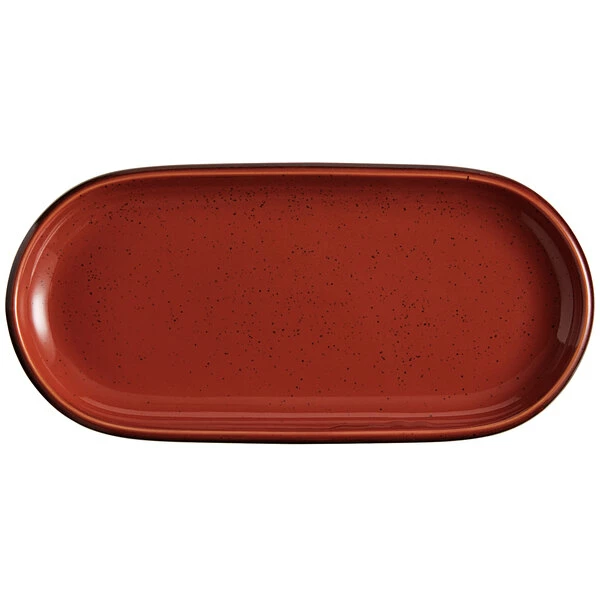 Acopa Keystone 12 1/2" X 6" Sedona Orange Stoneware Oblong Coupe Platter - 12/Case 2 Acopa Keystone 12 1/2" X 6" Sedona Orange Stoneware Oblong Coupe Platter - 12/Case - Image 2