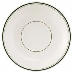 Tuxton TGB-036 Green Bay 5" Eggshell Wide Rim Rolled Edge China Demitasse Saucer With Green Bands - 36/Case