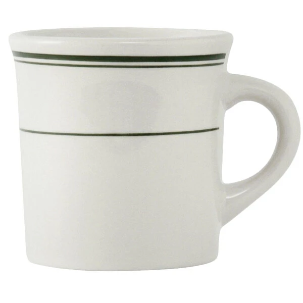 Tuxton TGB-038 Green Bay 9 Oz. Eggshell China Canton Mug / Cup With Green Bands - 36/Case 2 Tuxton TGB-038 Green Bay 9 Oz. Eggshell China Canton Mug / Cup With Green Bands - 36/Case - Image 2