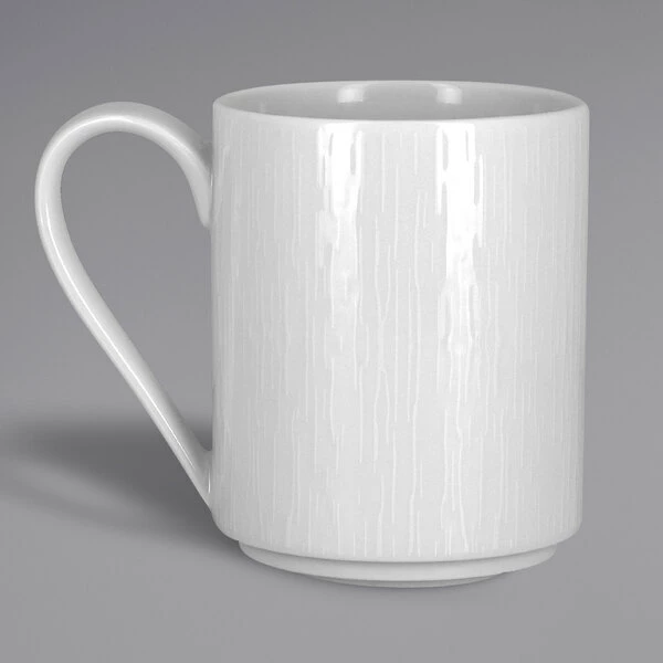 RAK Porcelain SOPASSM36 Soul 12.15 Oz. Bright White Embossed Stackable Porcelain Mug - 12/Case 1 RAK Porcelain SOPASSM36 Soul 12.15 Oz. Bright White Embossed Stackable Porcelain Mug - 12/Case
