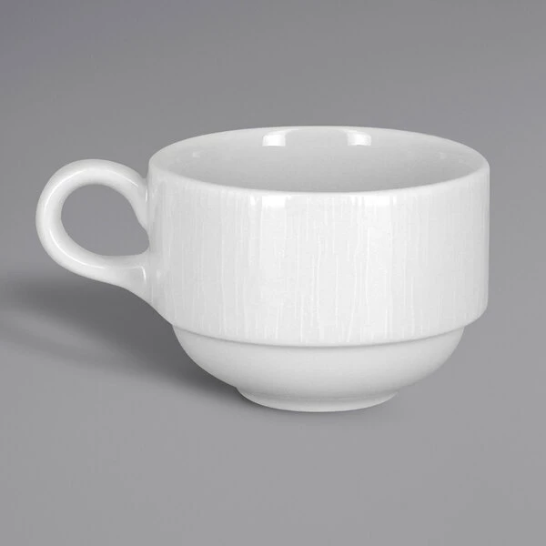 RAK Porcelain SOPCLSC23 Soul 7.8 Oz. Bright White Embossed Stackable Porcelain Cup - 12/Case 1 RAK Porcelain SOPCLSC23 Soul 7.8 Oz. Bright White Embossed Stackable Porcelain Cup - 12/Case