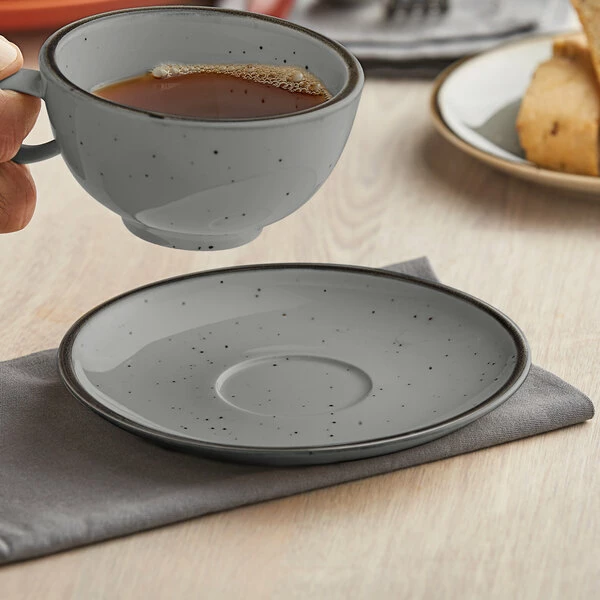 Acopa Keystone 6 1/2" Granite Gray Stoneware Saucer - 36/Case 1 Acopa Keystone 6 1/2" Granite Gray Stoneware Saucer - 36/Case