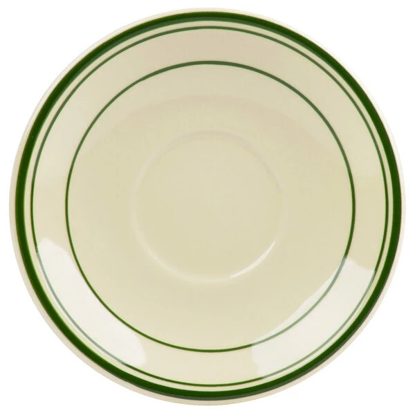 World Tableware VIC-2 Viceroy 6" Ivory (American White) Rolled Edge Stoneware Saucer With Green Bands - 36/Case 2 World Tableware VIC-2 Viceroy 6" Ivory (American White) Rolled Edge Stoneware Saucer With Green Bands - 36/Case - Image 2