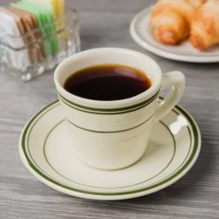 World Tableware VIC-2 Viceroy 6" Ivory (American White) Rolled Edge Stoneware Saucer With Green Bands - 36/Case 5 World Tableware VIC-2 Viceroy 6" Ivory (American White) Rolled Edge Stoneware Saucer With Green Bands - 36/Case -Rak Porcelain shop 2113263