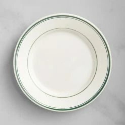 Alternative view of Acopa 7 1/8" Ivory (American White) Stoneware Wide Rim Plate With Green Bands - 36/Case
