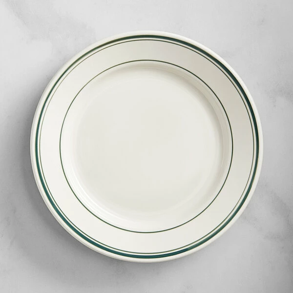 Acopa 9" Ivory (American White) Stoneware Wide Rim Plate With Green Bands - 24/Case 2 Acopa 9" Ivory (American White) Stoneware Wide Rim Plate With Green Bands - 24/Case - Image 2