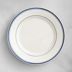 Alternative view of Acopa 7 1/8" Ivory (American White) Stoneware Wide Rim Plate With Blue Bands - 36/Case